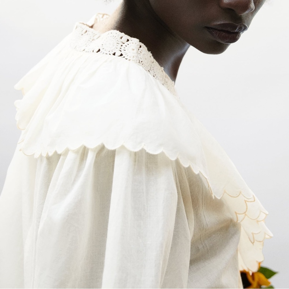 ZARA - Embroidered Ruffle Collared Long Sleeve Blouse in Ivory (NWT) - Size : S - Picture 4 of 14